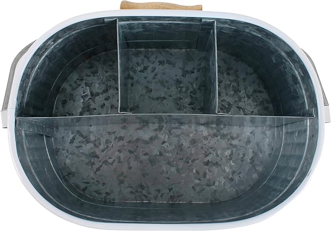 CLEENTABLE 4-Compartment Rustic Farmhouse Utensil Caddy with Removable Handle – Powder-Coated Steel Kitchen Organizer for Parties, Tailgates & Home (12" x 7.5" x 5.5", Snowy White/Grey)