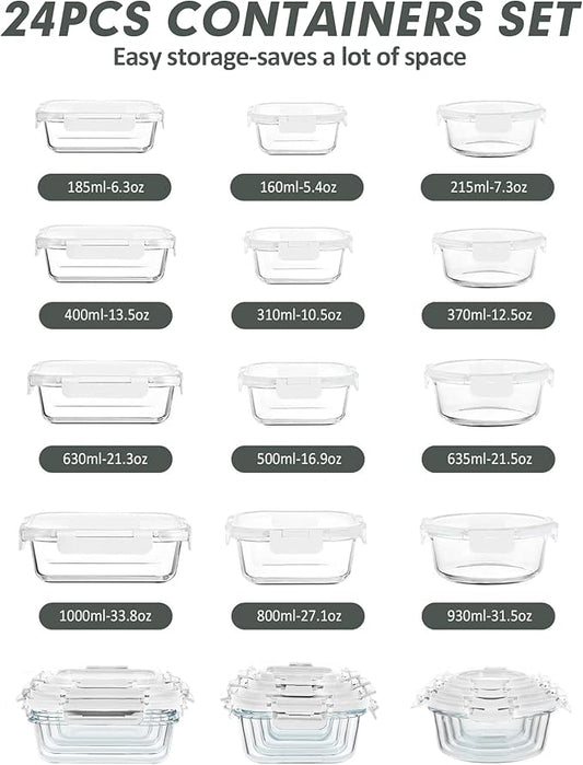 VERONES 24 Pieces Glass Food Storage Containers Set, Airtight Glass Lunch Containers, Glass Meal Prep Containers with Lids,Exclusive of BPA, for Microwave, Oven, Freezer & Dishwasher Friendly,White