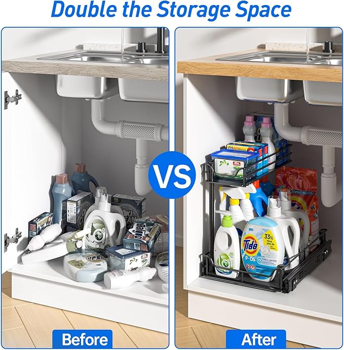 LAMU Under Sink Organizer, Pull Out Cabinet Organizer with Upgraded Slides, Slide Out Sink Shelf Cabinet Storage Shelves, Storages for Kitchen Bathroom