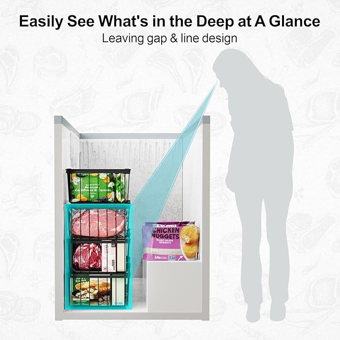 iSPECLE Chest Freezer Organizer Bins - 8 Pack Stackable Freezer Organizer for 5 to 7 Cu.Ft Freezer and Upright Freezer Over 8.5 Cu.Ft, Easy Get Food from Bottom, Add Extra Storage Space, Black