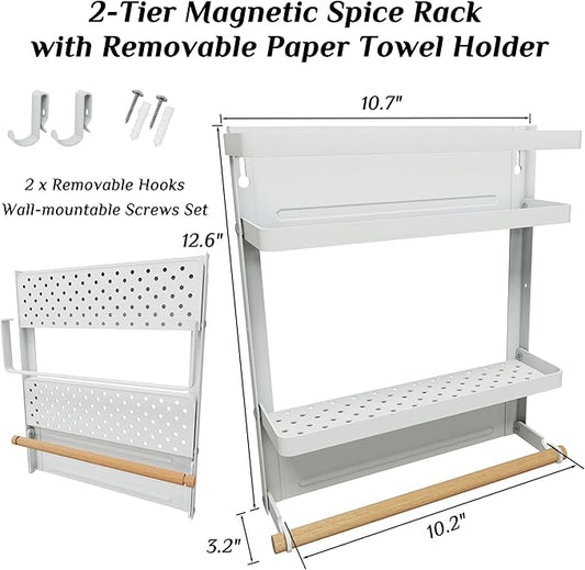 Magnetic Spice Rack 2-Tier Refrigerator Storage Organizer with Removable Paper Towel Holder - White