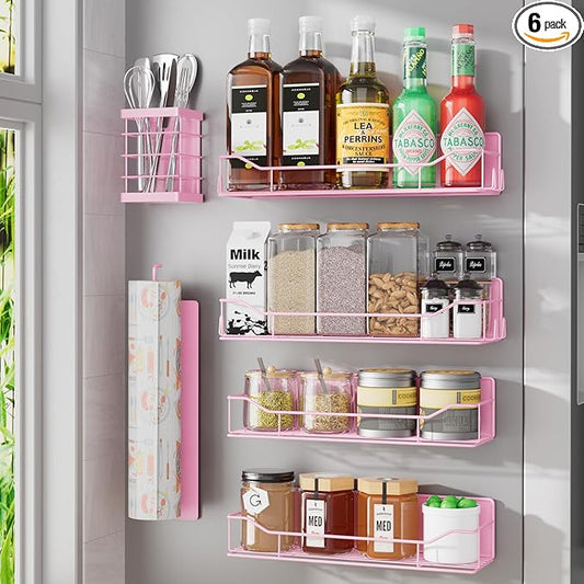 Magnetic Spice Rack for Refrigerator, 6 Pack Strong Magnet Spice Organizer with Paper Towel Holder, Utensil Holder, Moveable Magnetic Fridge Shelf for Kitchen Organization and Storage (Pink)
