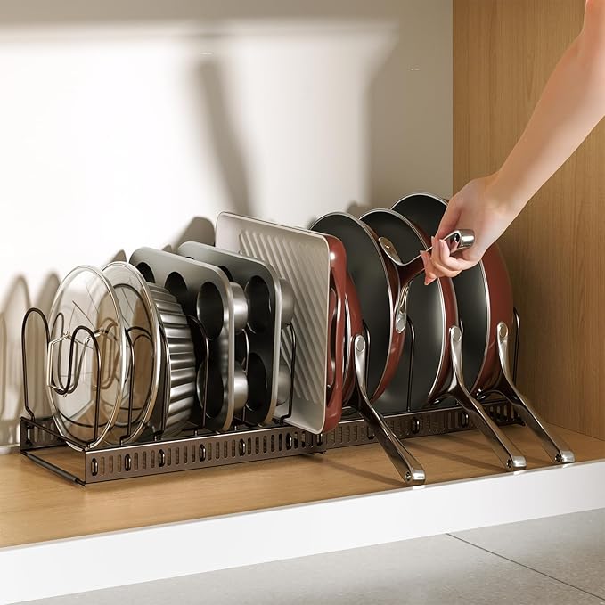 ORDORA Pots and Pans Organizer: Under Cabinet, 12 Adjustable Dividers, 11.8''-22.8'' Extendable,Pan Organizers inside Cabinet for Kitchen Storage-Bronze