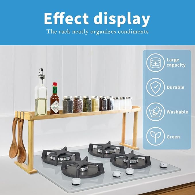 34 Inch Over The Stove Spice Rack Bamboo Over The Stove Shelf for Kitchen, Spice Organizer for Top of Stove, Easy Installation 34.6 * 5.1 * 13.6 Inch