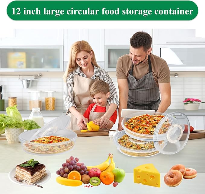 2 Pack 12inch Food Storage Container with Lid and Handle, Reusable 2 Compartments Pizza Slice Storage Container, Round Clear Pie Carrier Leftover Pizza Keeper for Cake Cheesecake Tortilla Pastry