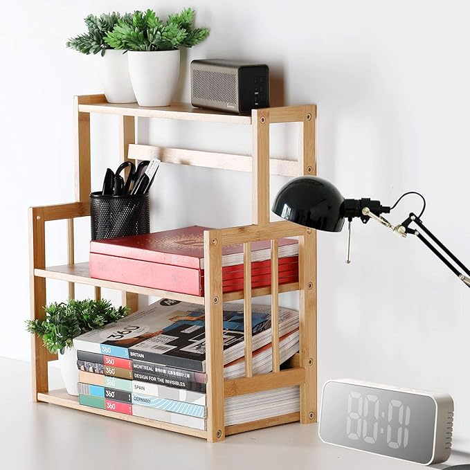 HYNAWIN Bamboo Spice Rack Kitchen Countertop Organizer Storage Shelves-3 Tier Standing Pantry Shelf with Adjustable Shelf
