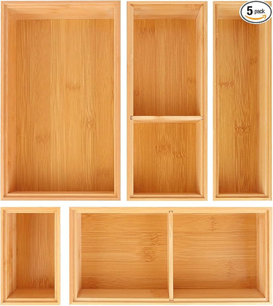 Bamboo Drawer Organizer,5 PCS Silverware Organizer & Kitchen Organizers and Storage,Utensil Drawer Organizer With Removable Dividers for Kitchen,Utensils,Bathroom,Office,Makeup(Natural)