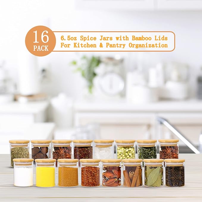6.5 oz Glass Spice Jar with Bamboo Airtight Lids and Labels, Small Glass Food Storage Containers for Kitchen Pantry Organization Spices Tea Coffee Candy Herbs（16 Pack）