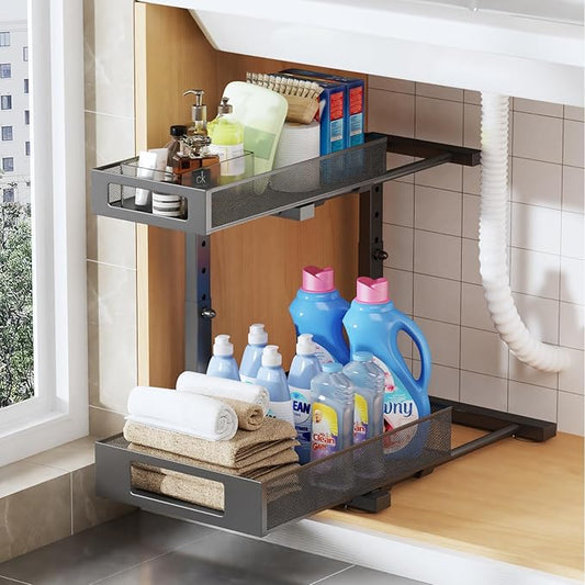 1 Pack 12"-17"H Under Sink Organizers And Storage Height Adjustable,2-Tier Pull Out Under Cabinet Shelf Organizer,Multi-Use Slide Out Drawer For Bathroom Kitchen Laundry-Black