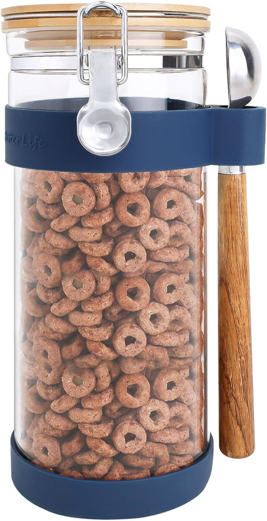 KKC HOME ACCENTS Sealed Glass Food Storage Container with Airtight Lid and Scoop for Cereal,Flour,Brown Sugar,Coffee or Loose Tea,Glass Sealed Jar Canister with Airtight Clamp Lid,50 fl oz
