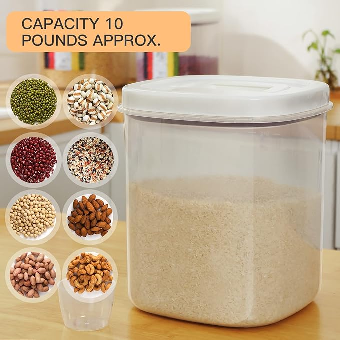 Rice Container 25 lbs,10.5 Qt/10 L/25 lbs Rice Dispenser Food Storage Bin with Measuring Cup & Brush Food Cereal Container Bins Household for Kitchen Pantry Organization(LG-10KG)