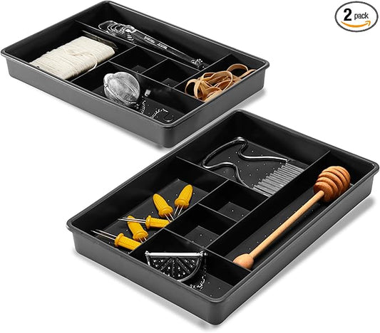 Madesmart Set of 2 Plastic 6-Compartment Drawer Organizer Gadget Trays, Multipurpose Storage Bins for Drawers, Granite , 10.75 x 7.5 x 2.6 inches