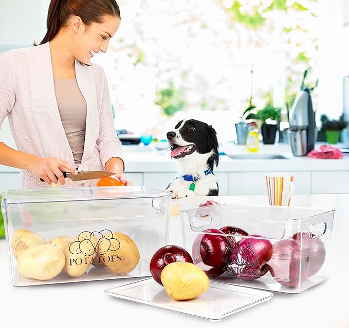 2 Pack Potato and Onion Storage Bins with Lid, Dustproof and Stackable Organizer for Kitchen, Transparent Vegetable Containers, Multi-Functional Pantry and Fridge Baskets,Food Storage Potato Box Clear