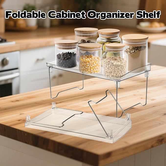Rainmae 2 Pcs Spice Rack Organizer, Cabinet Organizer Shelf，Stackable Kitchen Counter Shelves, Countertop Organizers, Clear Plastic Storage Shelves Rack for Makeup Bathroom Desk Pantry Organization