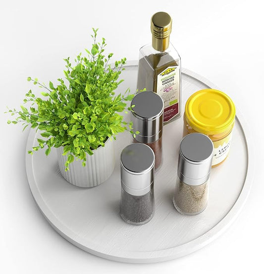 Lazy Susan Organizer Homerays 12 Inch Non-Skid Bamboo Lazy Susan for Kitchen Rotating Spice Rack for Kitchen Cabinet, Wood Turntable for Kitchen Countertop Organizer White