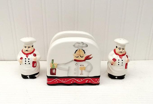 Tuscany Colorful Plump Bistro Chef Hand Painted Ceramic Napkin Holder, Salt & Pepper Shakers Set of 3PCs, Kitchen Décor