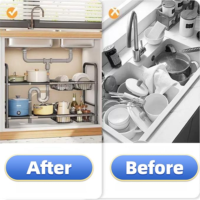 Under Sink Organizer，2 Tier Expandable Heavy Duty Metal Shelf，with 5 Removable Panels and 5 Storage Basket for Under Kitchen Bathroom Sink Organizers and Storage (White, X-Large)