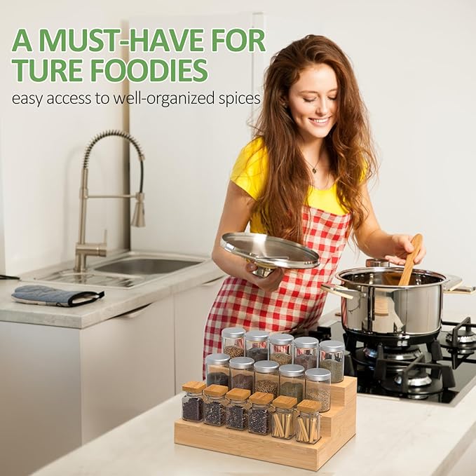 2 Pack Bamboo Spice Rack Organizer for Kitchen Counter, 3 Tier Spice Shelf Holder for Cabinet (Jars Not Included)