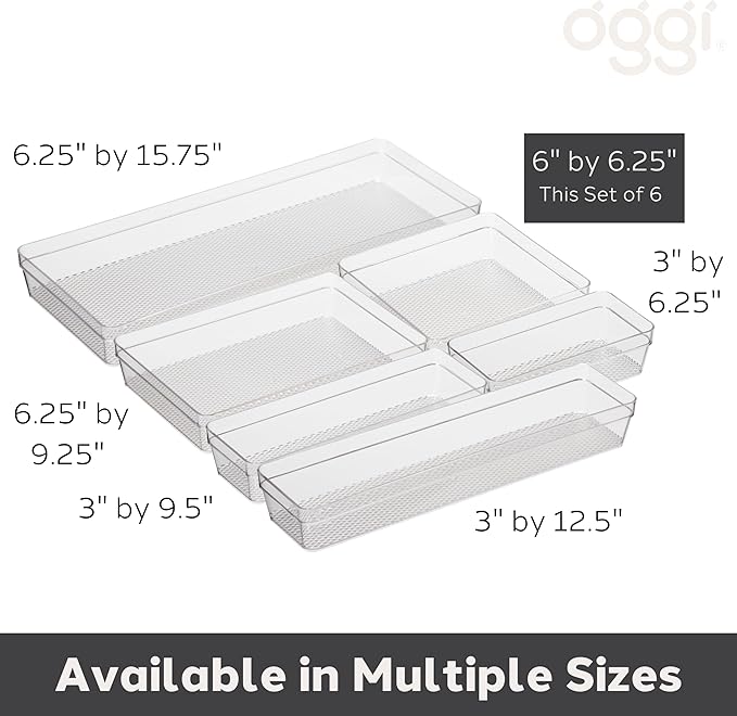 Oggi Clear Drawer Organizer - 6" X 6.25"- Ideal for Organizing Kitchen Drawers, Office, Desk, Silverware, Kitchen Utensils, Cosmetics and Bathrooms - Set of 6