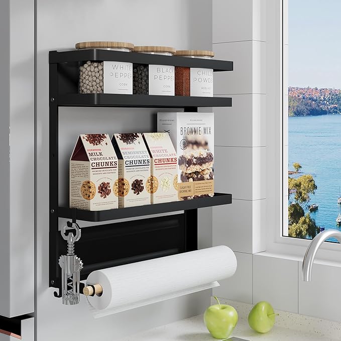 Magnetic Spice Rack Organizer Single Tier Refrigerator Spice Storage Shelf, Easy to Install The Side of The Refrigerator Can Hold spices, Jar of Olive Oil (Black L)