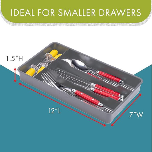 Dial Industries Small Cutlery, Utensil, Silverware Kitchen Drawer Organizer Tray, Grey