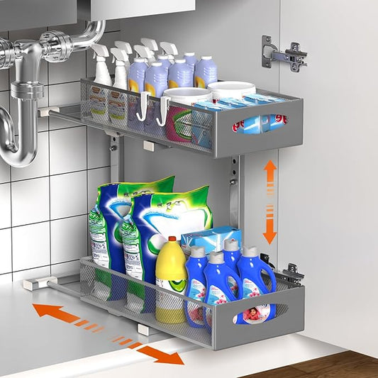 1 Pack Under Sink Organizer, 2 Tier Metal Pull Out Under Sink Storage with Sliding Mesh Drawers, Height Adjustable Slide Out Under Sink Organizer for Kitchen Bathroom Cabinet, Gray