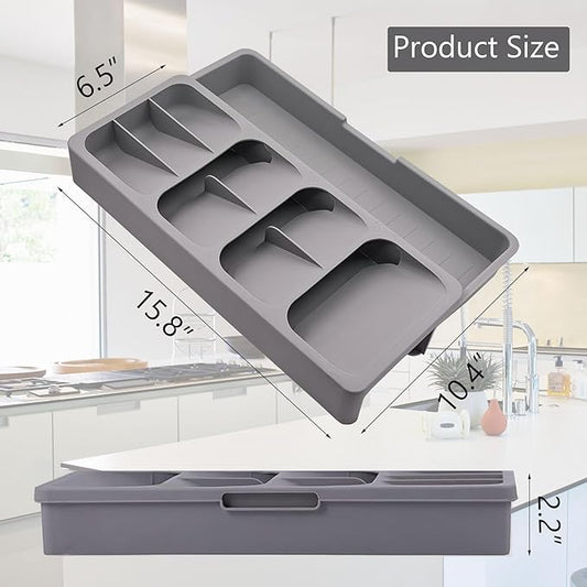 Silverware Drawer Organizer with Expandable Tray for Kitchen Drawer, Adjustable Compact Plastic Kitchen Utensil Storage for Spoons Forks Knives Easy to Access & Save Space