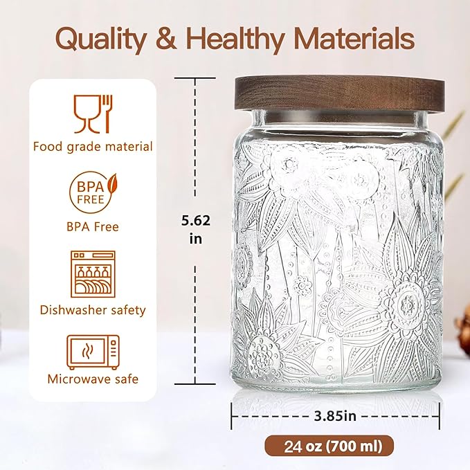 24 OZ Airtight Glass Storage Jar with Bamboo Lid - Vintage Glass Jar Vintage Food Containers Canisters Set for Kitchen Counter & Pantry - Ideal for Sugar, Flour, Coffee, Tea, Candy, Oats -2 Pack
