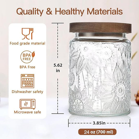 24 OZ Airtight Glass Storage Jar with Bamboo Lid - Vintage Glass Jar Vintage Food Containers Canisters Set for Kitchen Counter & Pantry - Ideal for Sugar, Flour, Coffee, Tea, Candy, Oats -2 Pack