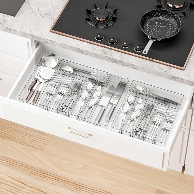 Yieach Clack Expandable Silverware Organizers for Kitchen Drawers,Large 8 Grid Silverware Tray and Cutlery Drawer Organizer,BPA Free Kitchen Utensil Organizer for Knife,Spoons Forks Set Flatware Tray