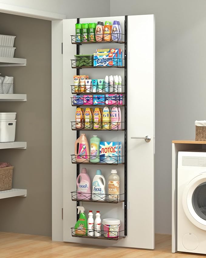 Over The Door Pantry Organizer, 8-Tier Wood & Metal Over The Door Organizer with Adjustable Basket, Hanging Spice Rack, Door Organization and Storage for Kitchen Pantry Door Cabinet, Black