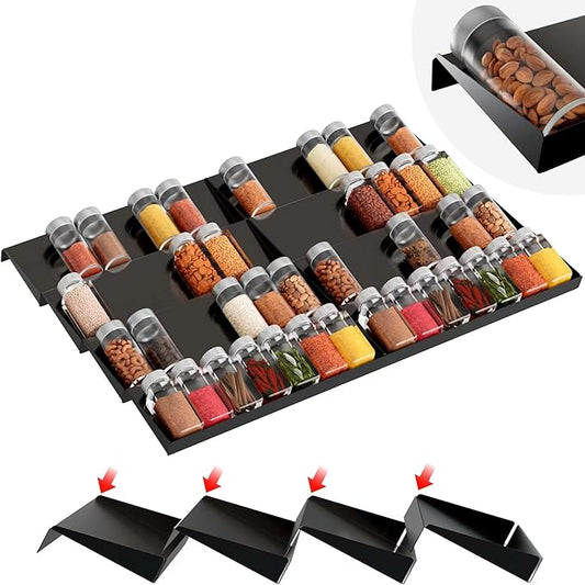 IIIOIIIA Upgrade Spice Organizer for Drawer, 8 Tier Stainless Steel Spice Rack Seasoning Rack Tray Insert for Kitchen Drawers/Cabinet (Jars not included), 12.84" Wide x 18.11" Deep, Black