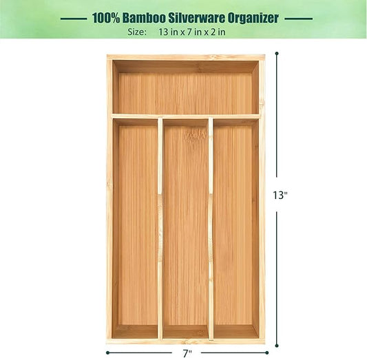 Bamboo Kitchen Drawer Silverware Organizer, 7 Inch Silverware Utensils Tray Holder for Small Drawer, Wood Caddy for Flatware Cutlery Knives 4-Slots