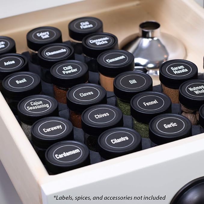 AllSpice InDrawer Spice Rack Organizer with Short Jars (24 3” Jars with Labels)