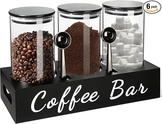 GMISUN Coffee Tea Sugar Container Set, 3 Pcs 50 Fl oz Bean Storage Canister With Airtight Lids, Black Glass Tea Sugar Holder Containers with Scoop/Shelf/Labels, Canisters Jars for Coffee Bar/Station