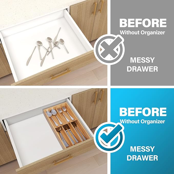 Bamboo Silverware Drawer Organizer, Kitchen Utensil Tray Holder Organizer, Drawer Storage Organization for Flatware, Cutlery, Spoon, Forks and Knives 5 Slots