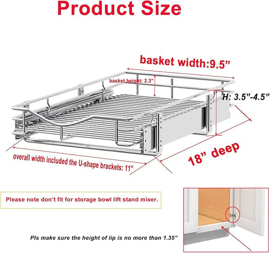 DINDON Pull Out Cabinet Organizer (11" W x 18" D), Pull Out Drawers for Kitchen Cabinets, Slide Out Cabinets Shelves,1 Tier Pull Out Cabinet Drawer Organization for Kitchen