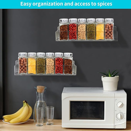 Acrylic Spice Rack Attached to the Wall for Kitchen Cabinet Doors or Hanging spice rack, RV spice rack, Hook & Loop, Bid Farewell to Dislodging Wall Mounted Acrylic Removable Rack (2 Pieces - Clear)