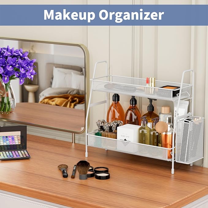 EKNITEY Bathroom Countertop Organizer Shelf - 2 Tier Counter Spice Rack Metal Makeup Rack Small Perfume Organizer for Sink/Bedroom/Living Room/Kitchen/Office