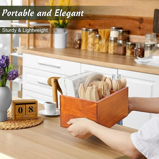 DRASTAR Utensil Caddy, Wooden Silverware Holder Countertop, Picnic Cutlery Holder, Plastic Silverware Organizer for Party, Brown