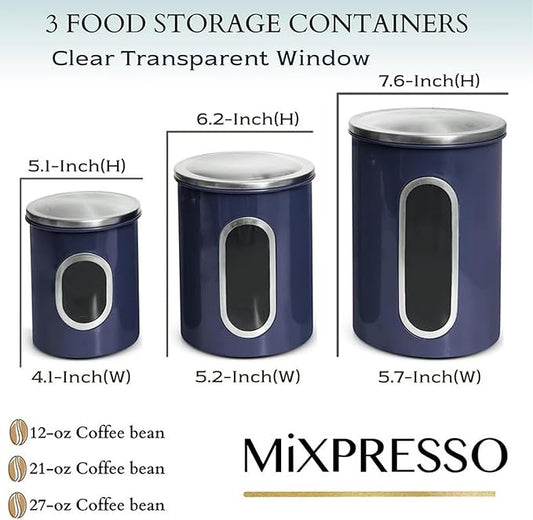 Mixpresso 3-Piece Blue Canisters Set - Airtight Coffee & Tea Organizer, Sugar Canister, Kitchen Jars with See-Through Window