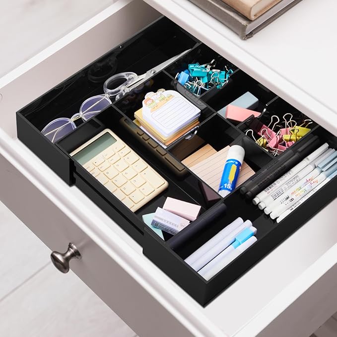 1 Pc Acrylic Desk Drawer Organizer Maximum Expandable Drawer Organizer Trays with 8 Adjustable Compartments Desk Accessories for Makeup Silverware Office Bathroom(Black,Classic)