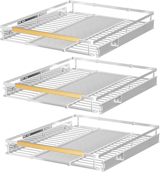 Pull Out Cabinet Drawers Organizers,3 Packs of Expandable Sliding Shelves D:22.2” x W:16.9”-28”,Stainless Steel Gliding Cupboard Shelves,Heavy Duty Slide Out Spice Rack Container for Kitchen,Pantry