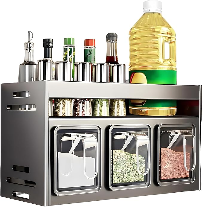 Kitchen Spice Rack, Kitchen Organizer and Storage Rack, Spice Organization for Cabinets Punch-free Wall/Countertop Home Decor Multifunctional Double Layer 3 Grid Condiment Rack, Gray
