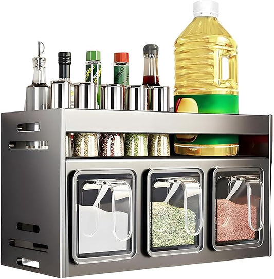 Kitchen Spice Rack, Kitchen Organizer and Storage Rack, Spice Organization for Cabinets Punch-free Wall/Countertop Home Decor Multifunctional Double Layer 3 Grid Condiment Rack, Gray