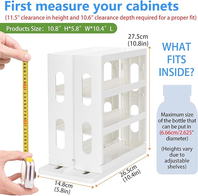 Spice Rack Organizer 3 tier Seasoning Holder, Pull and Rotated Storage Cabinet for Kitchen Bathroom Countertop 10.8”H x 5.8”W x 10.4”D (Creamy White)