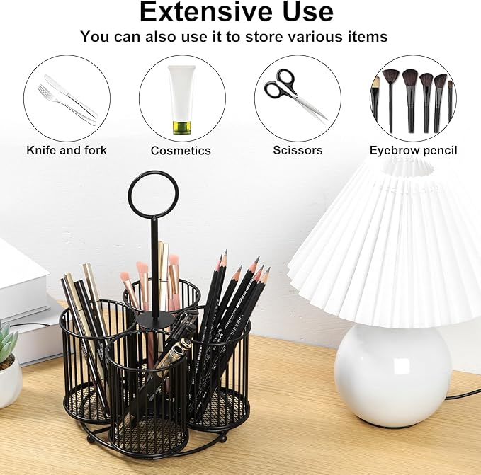 360° Rotating Countertop Utensil Caddy - 4-Compartment Metal Cutlery Holder with Handle - Multipurpose for Kitchen, Picnic, Camping, Office - 6.3x6.3x11 In- Black
