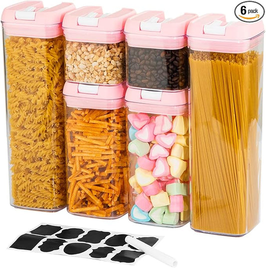U-QE Airtight Food Storage Containers -6 Piece BPA Free Clear Plastic Airtight Containers with Easy Lock Lids for Kitchen Pantry Organization and Storage - Sugar, Flour, Cereal, Labels & Marker