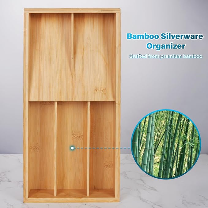 Bamboo Silverware Drawer Organizer, Kitchen Utensil Tray Holder Organizer, Drawer Storage Organization for Flatware, Cutlery, Spoon, Forks and Knives 5 Slots