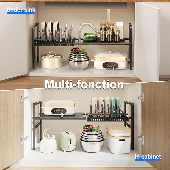 Pots and Pans Organizer Under Cabinet, Expandable 1 Tier Under Sink Organizers and Storage Adjustable Height Kitchen Pot and Pan Lid Holder Rack with 6 Dividers Under Cabinet Shelf(Black)